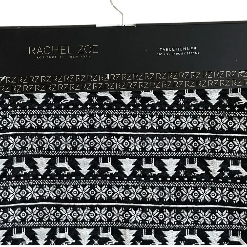 Rachel Zoe Christmas Tree Reindeer Table Runner 16x90 Holiday Black & White New
